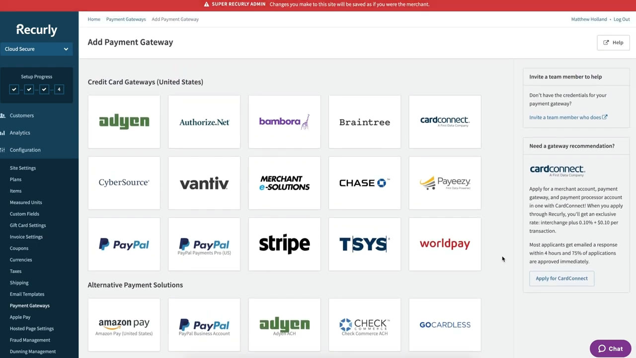 Recurly add payment gateway screen listing Adyen, Braintree, CardConnect, Stripe, and other providers