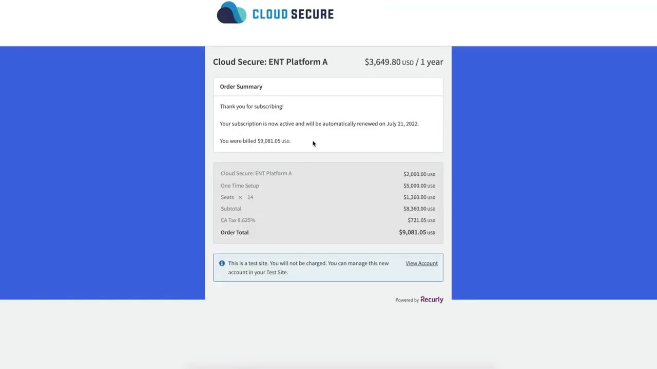 Recurly-hosted checkout page showing an order summary with subscription total and payment button