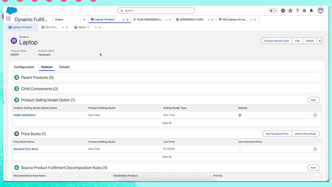 Salesforce Revenue Cloud product record showing parent products, child components, and price books