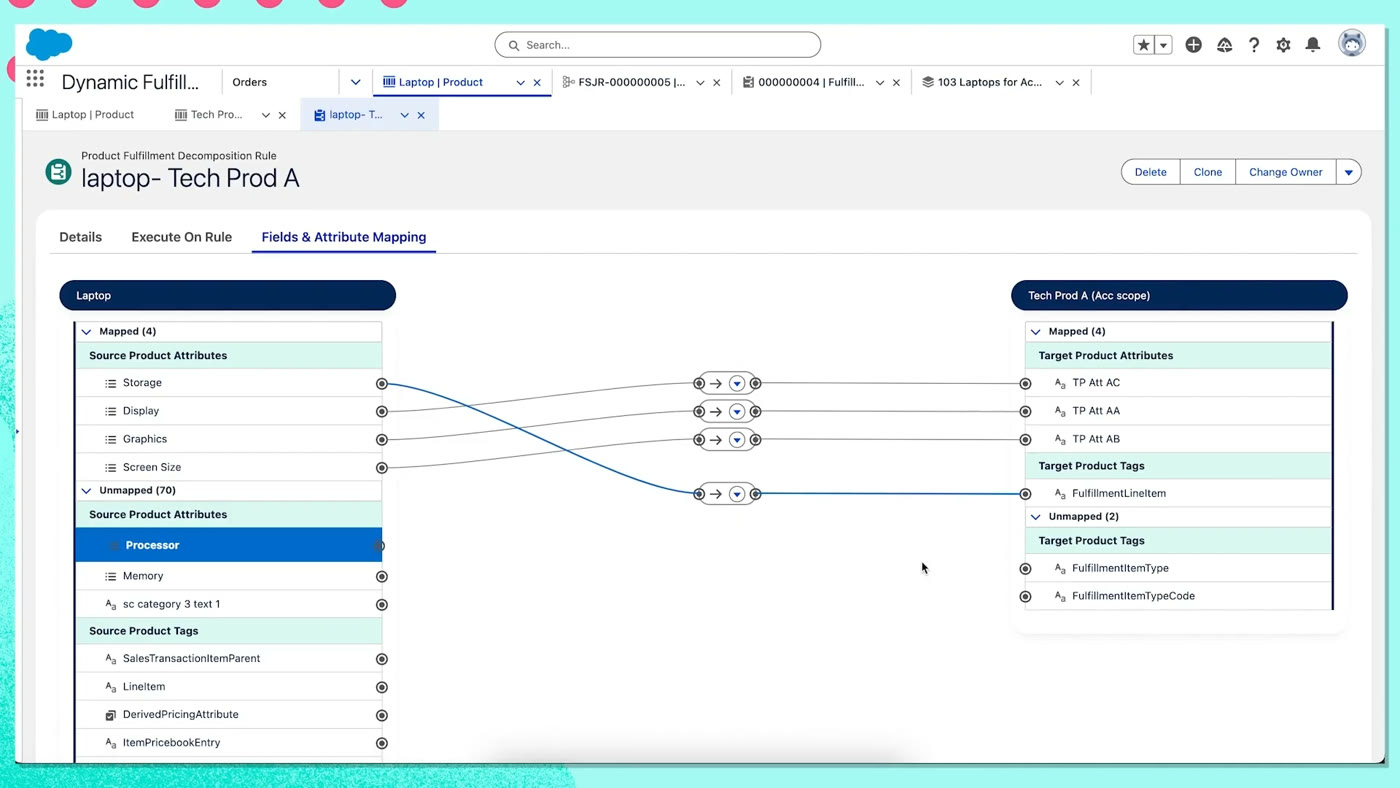 Salesforce Revenue Cloud fields and attribute mapping screen showing a source-to-target product flow