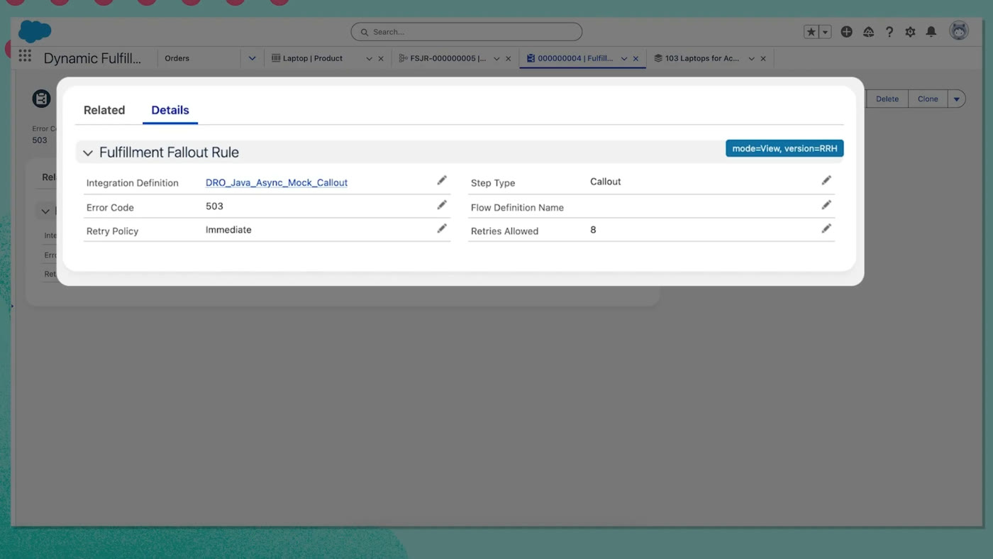Salesforce Revenue Cloud fulfillment fallout rule detail showing integration and retry policy fields