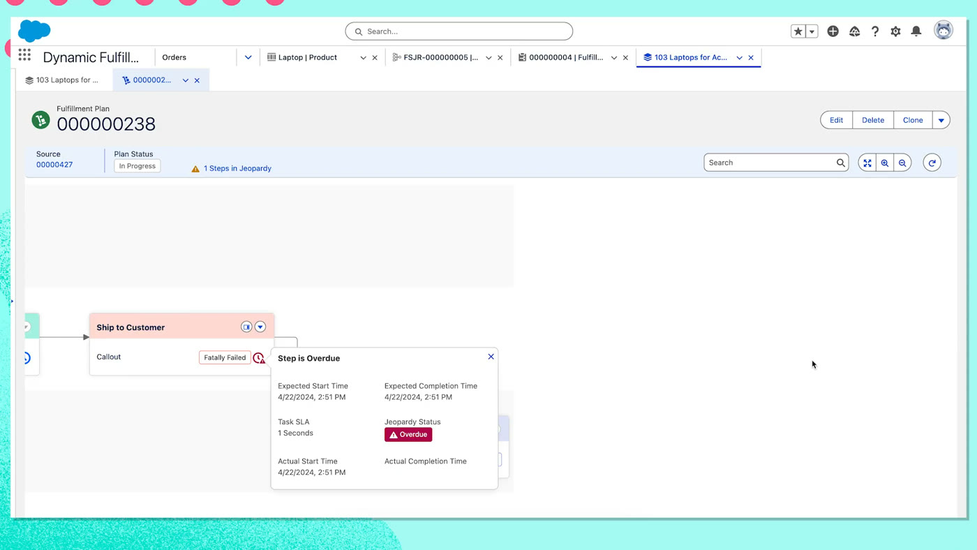 Salesforce Revenue Cloud order fulfillment step showing a shipment in jeopardy with expected and actual dates