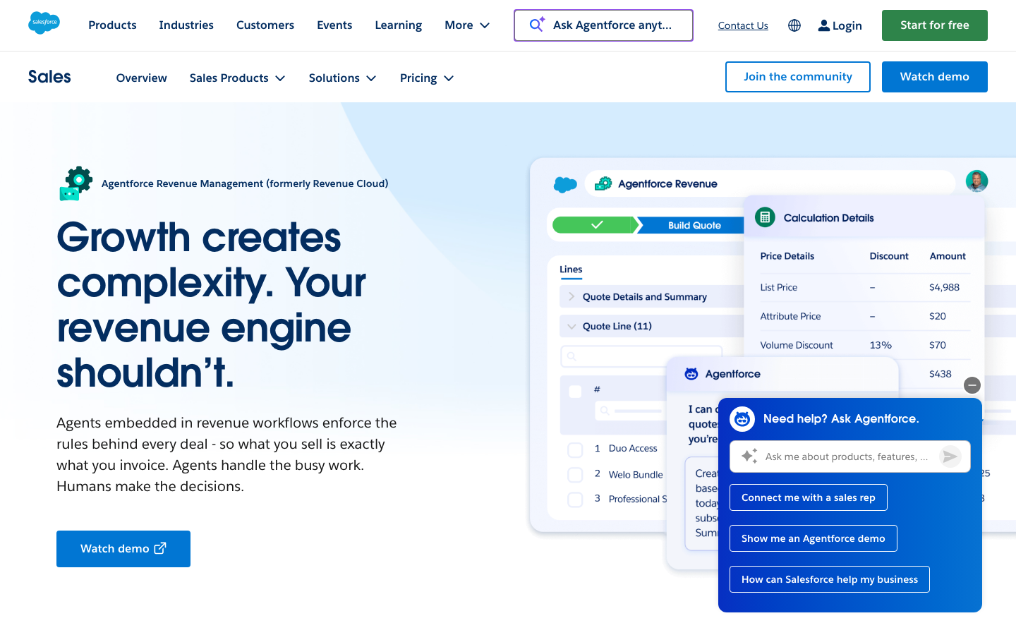 Salesforce Revenue Cloud product page showing Agentforce Revenue Management positioning