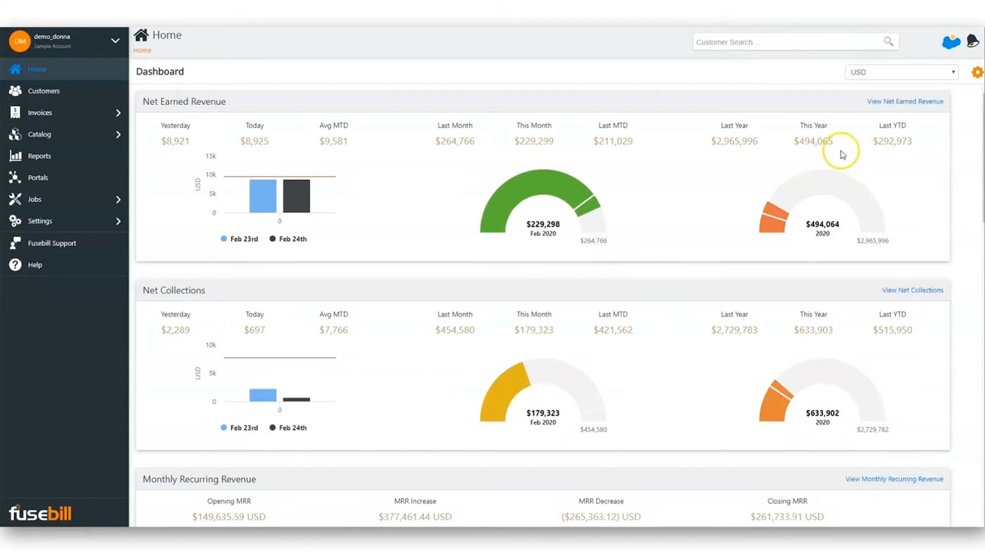 Stax Bill home dashboard showing net earned revenue and net collections gauge charts