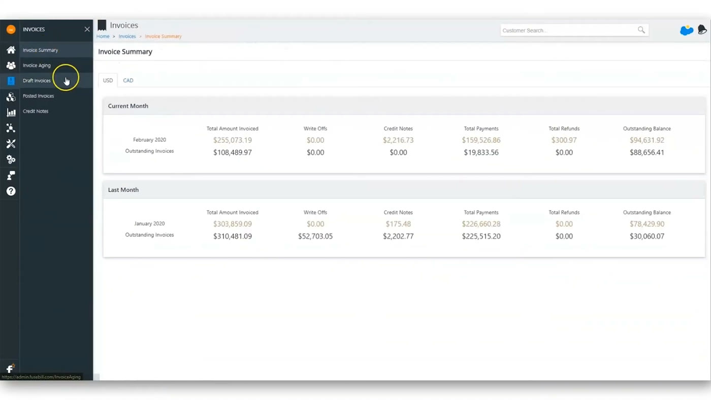 Stax Bill invoice summary screen showing outstanding and overdue amounts for the current and prior month