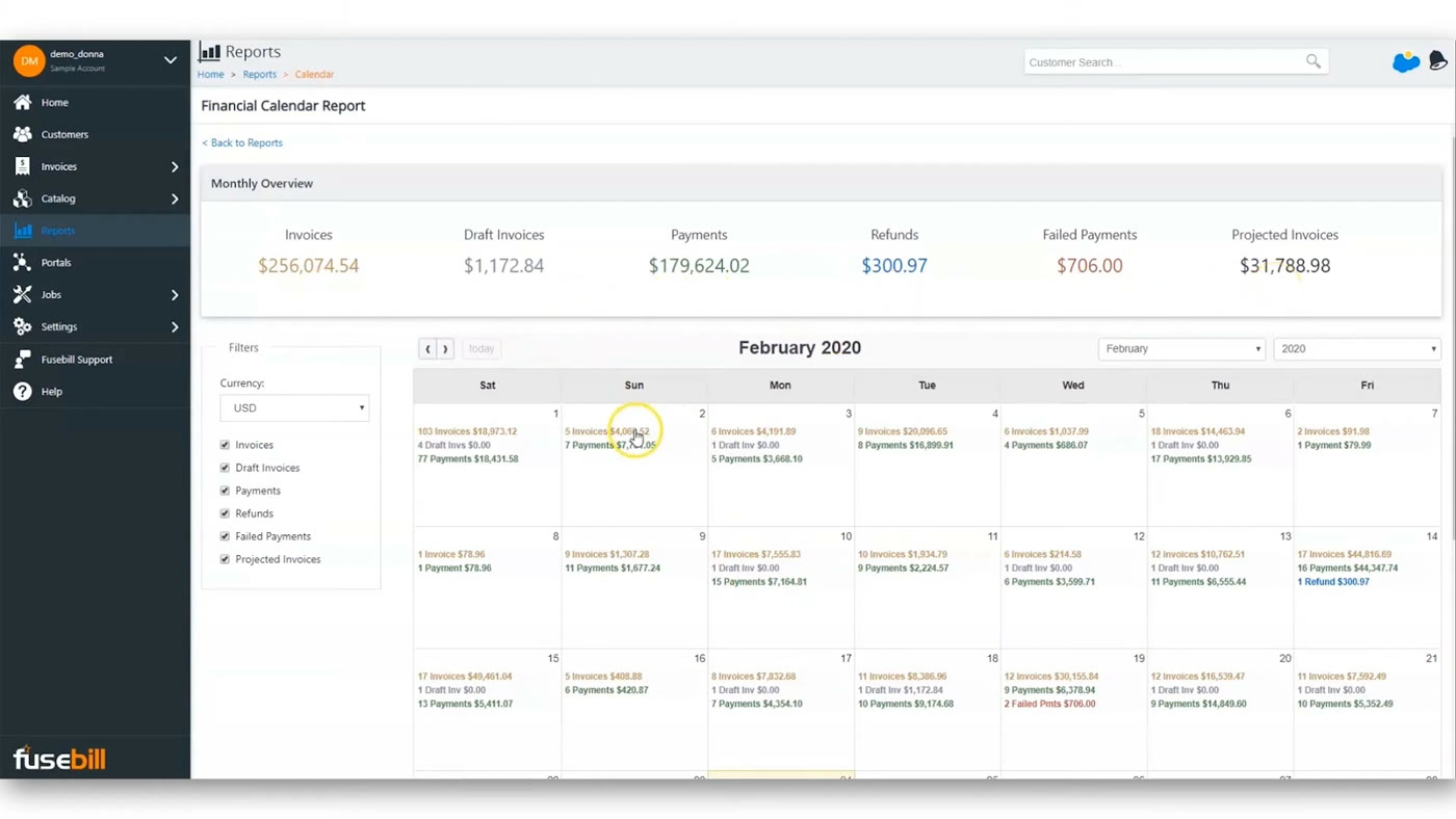 Stax Bill financial calendar report showing daily invoiced, paid, and failed payment totals for the month