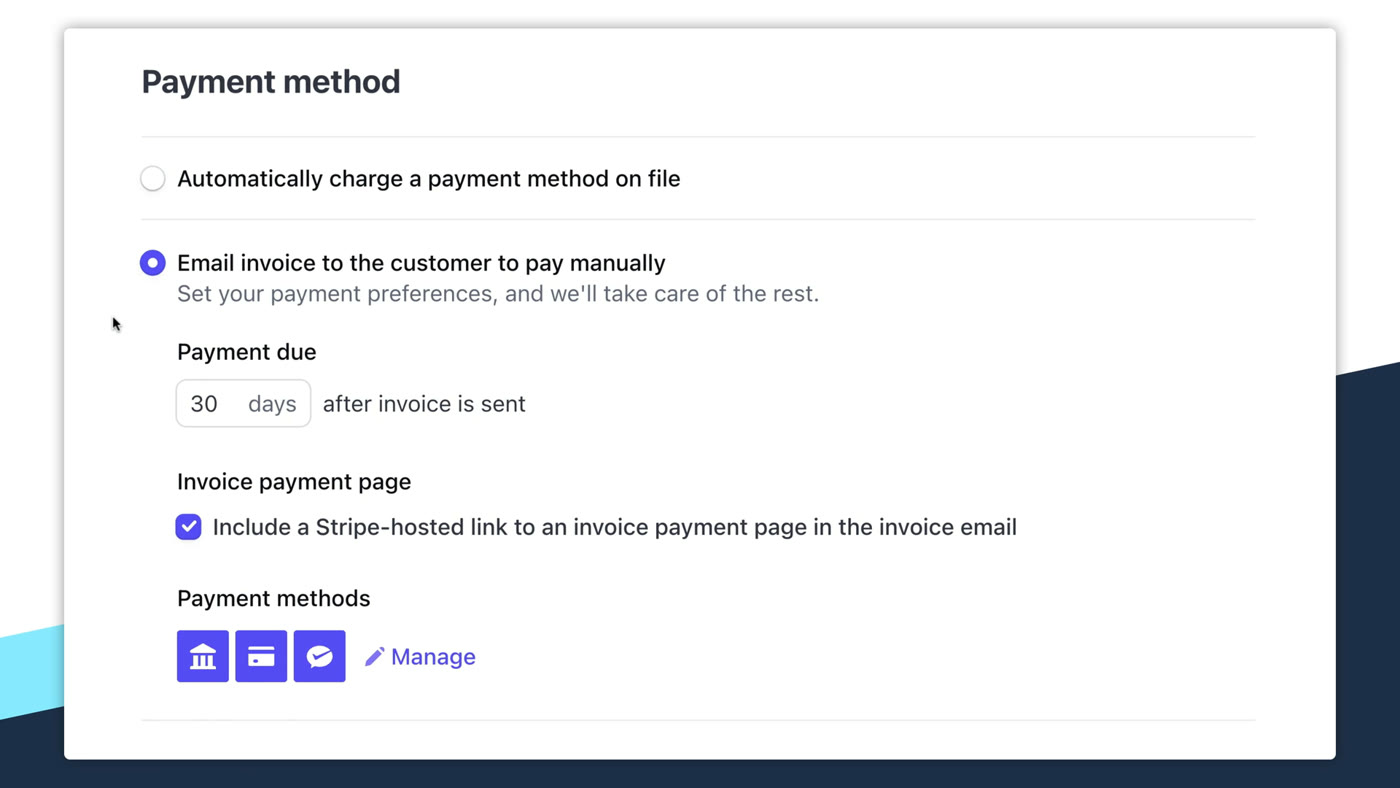 Stripe Billing invoice payment method settings showing automatic charge and manual invoice options