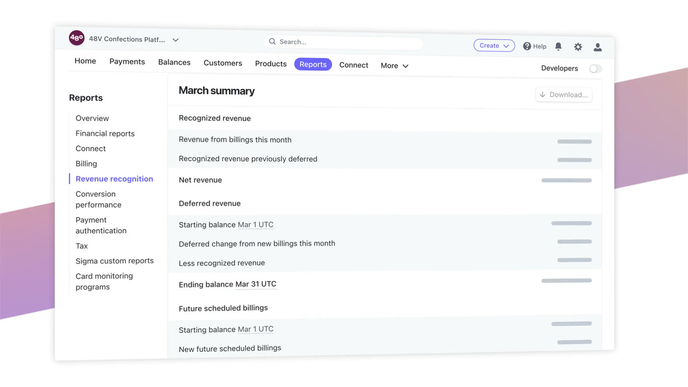 Stripe Billing revenue recognition dashboard showing recognized revenue and deferred revenue for March