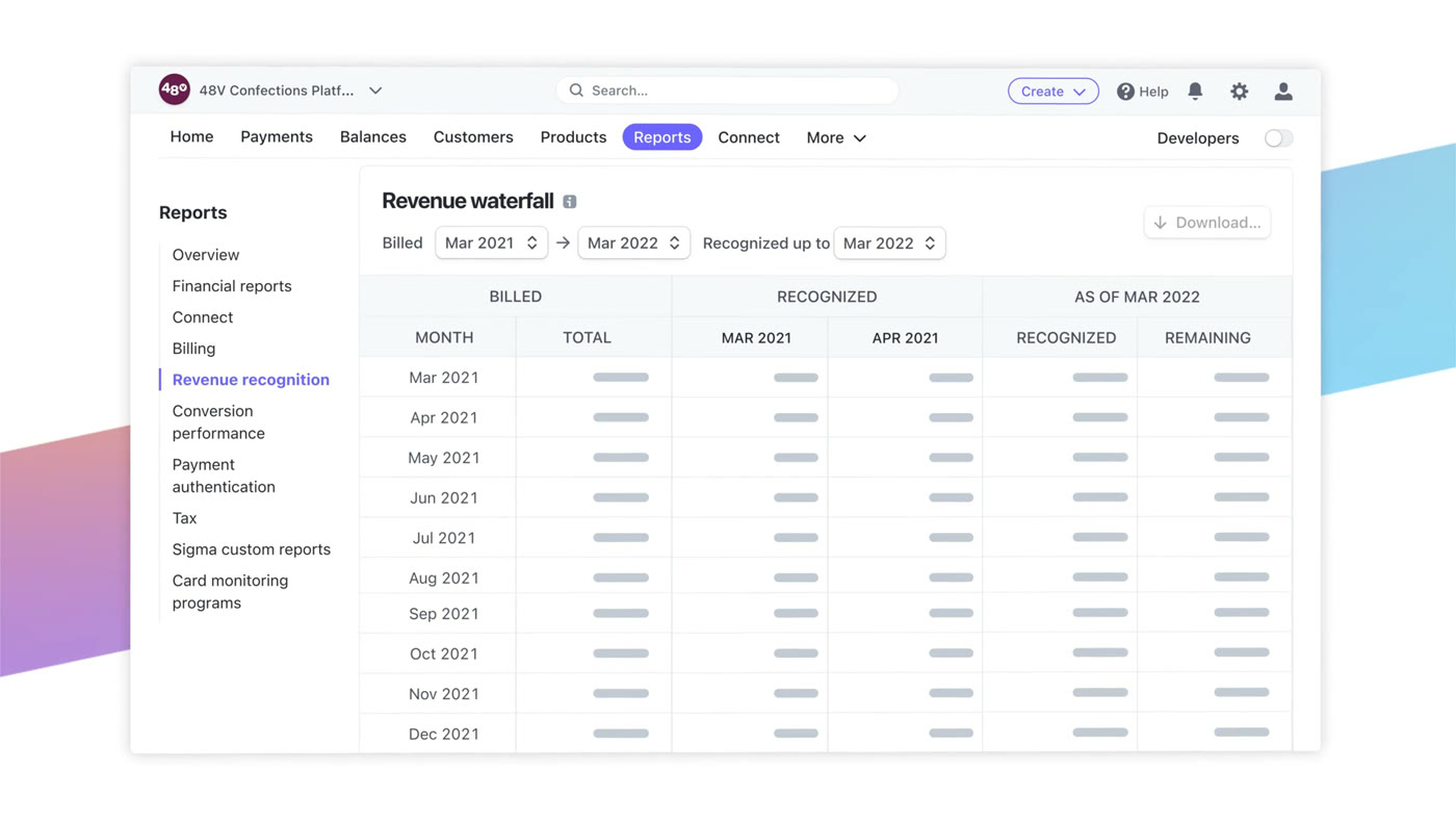 Stripe Billing revenue waterfall report showing billed, recognized, and remaining amounts by month
