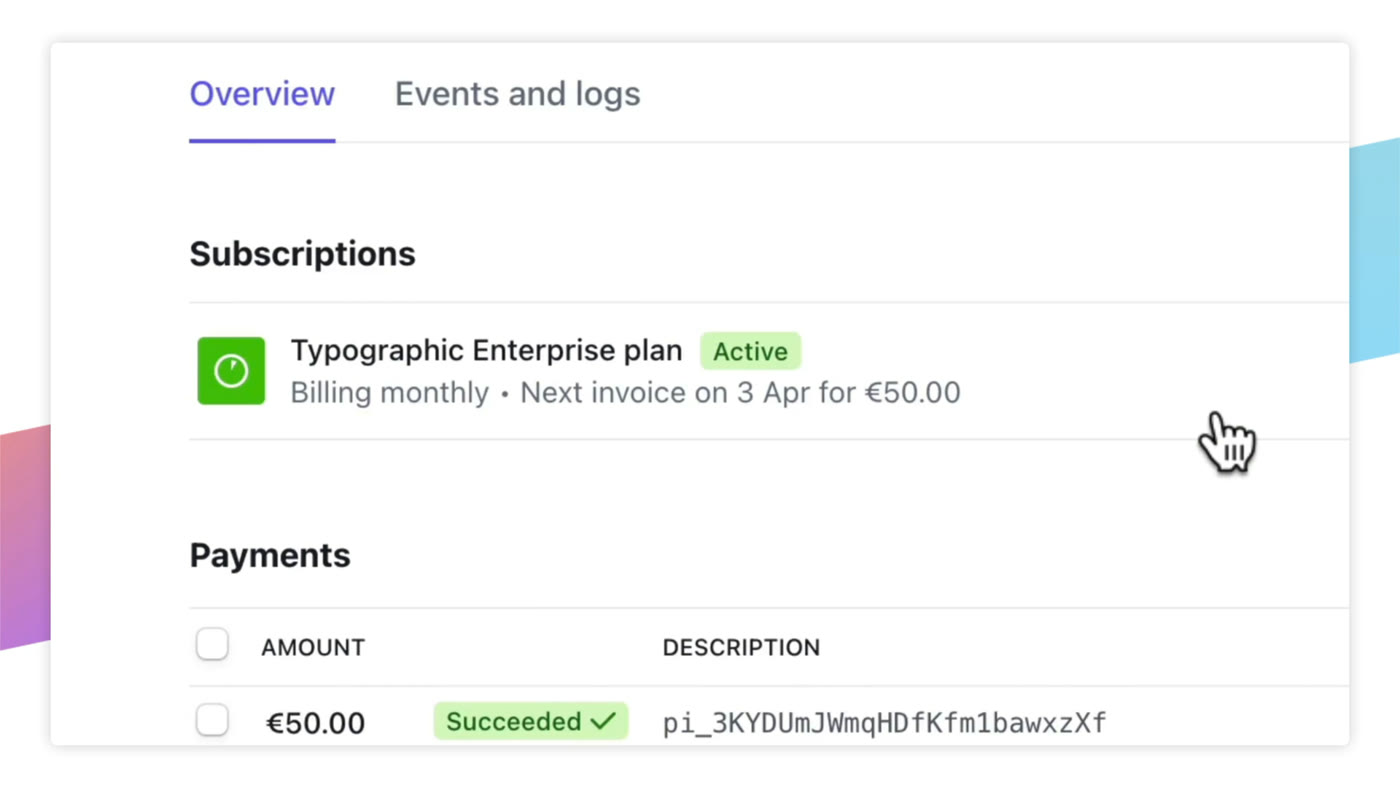 Stripe Billing subscription detail page showing active plan status and payment history