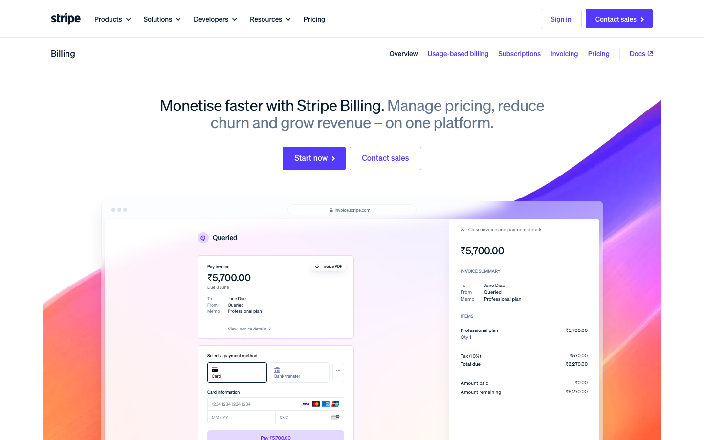 Stripe Billing dashboard showing subscription overview, revenue metrics, and billing management interface