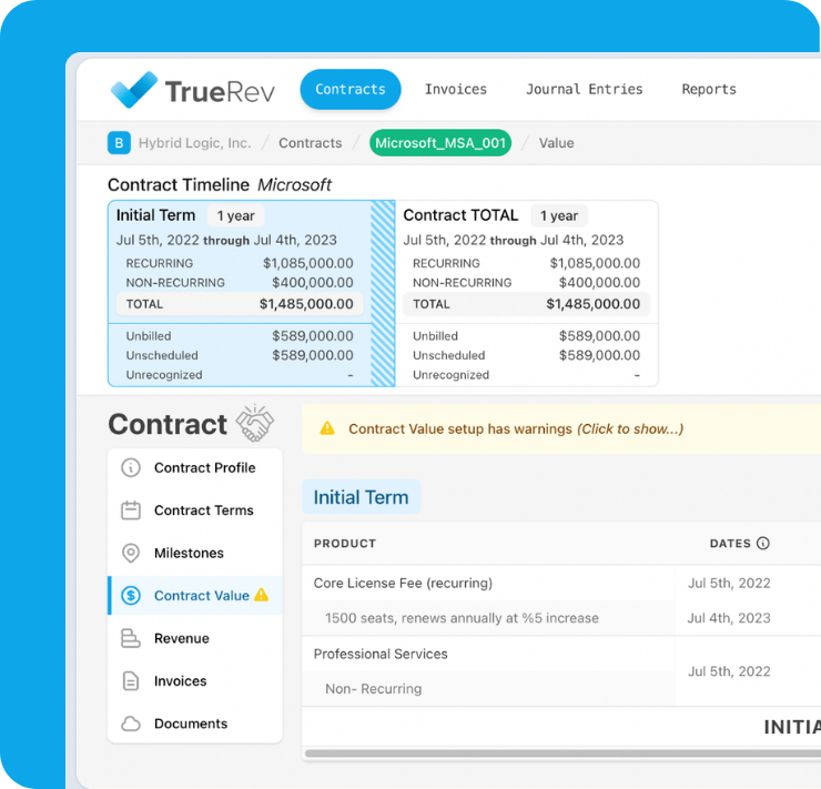 TrueRev contract value view for Microsoft MSA showing 1.485 million dollar total with recurring and non-recurring breakdown and unbilled amounts