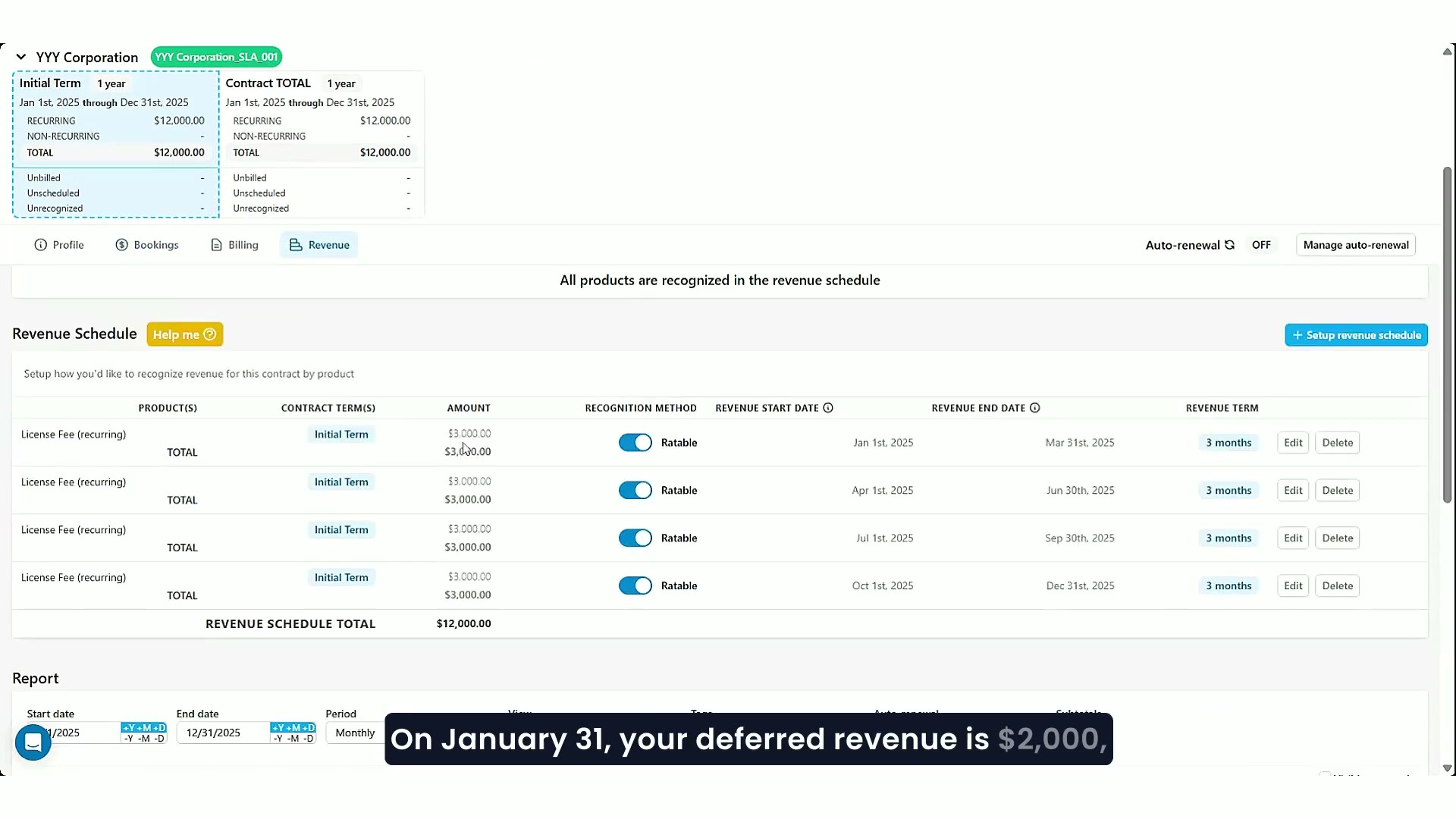 TrueRev revenue schedule setup showing Ratable recognition method for quarterly license fee terms January through December 2025 with Export to Excel option
