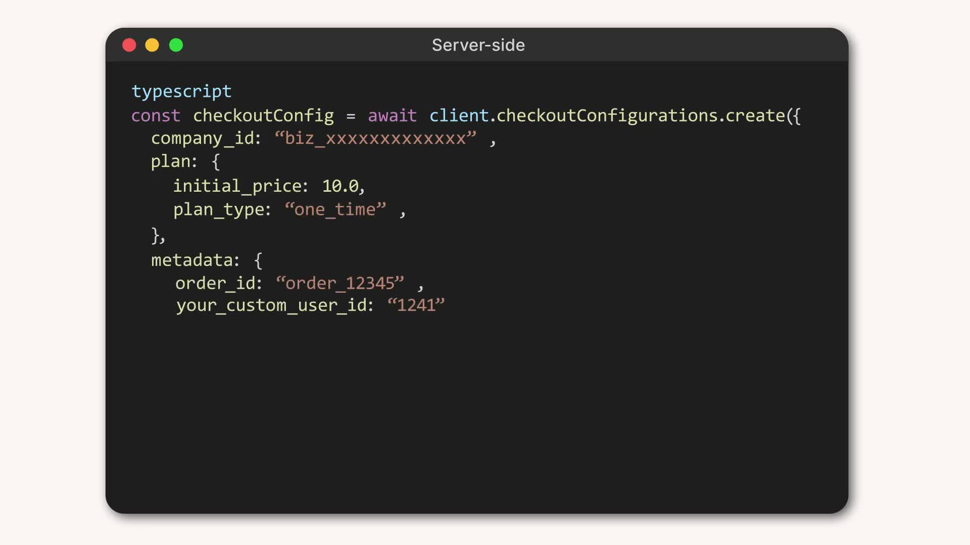Whop server-side TypeScript code showing checkoutConfigurations.create API call with company_id, plan, and metadata