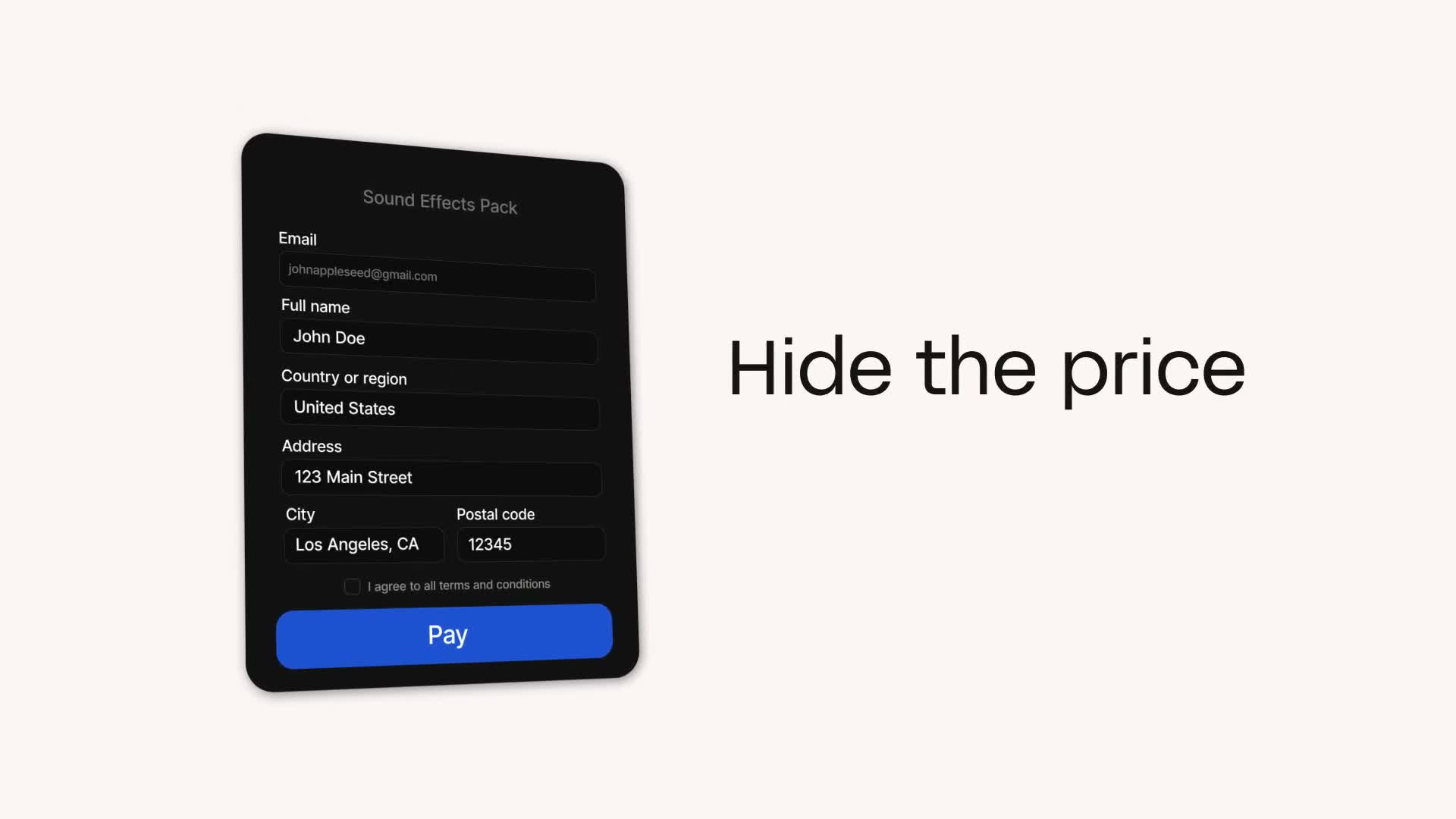Whop hosted checkout form showing email, name, address fields and Pay button for the buyer-facing payment experience