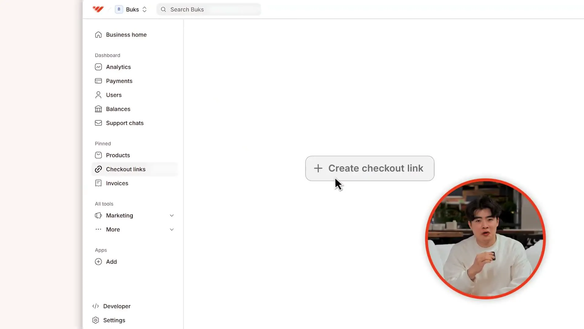 Whop billing dashboard showing checkout links, payments, and subscription management navigation