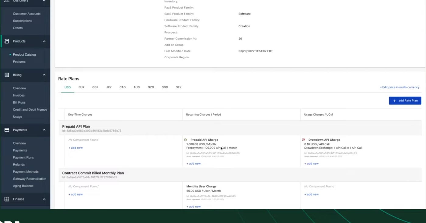 Zuora product catalog showing rate plans with prepaid API and monthly usage charges