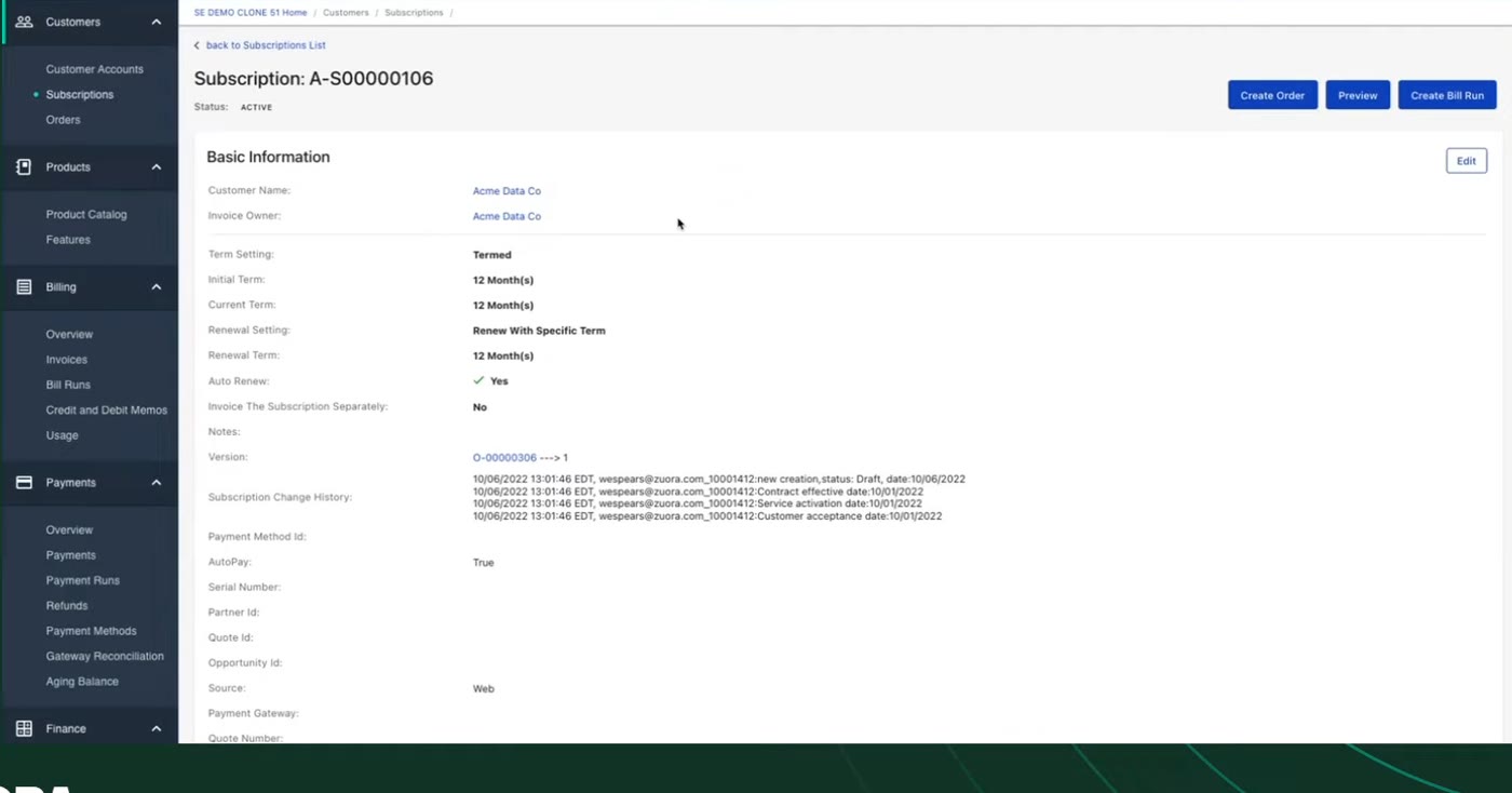 Zuora subscription detail page showing basic information, term settings, and renewal history