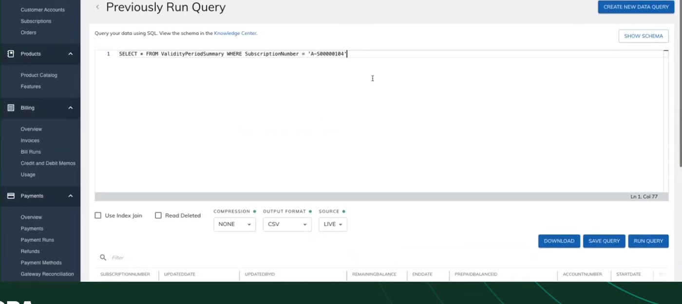 Zuora data query tool showing a SQL query against subscription validity period data