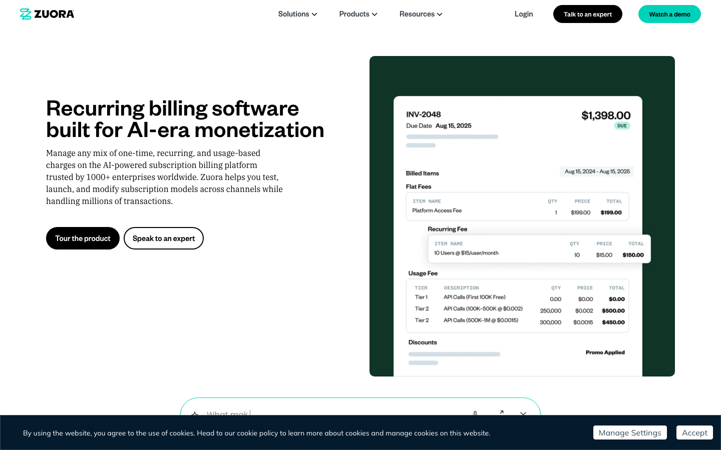 Zuora billing platform showing recurring billing invoice detail with usage tiers and flat fees