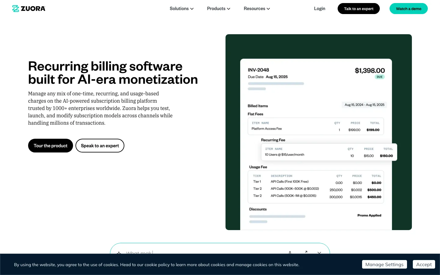 Zuora billing platform showing recurring billing invoice detail with usage tiers and flat fees