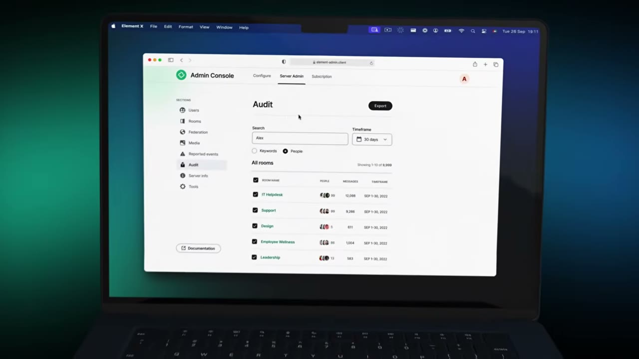 Element bridge configuration screen showing active connections to Slack, Discord, and IRC channels