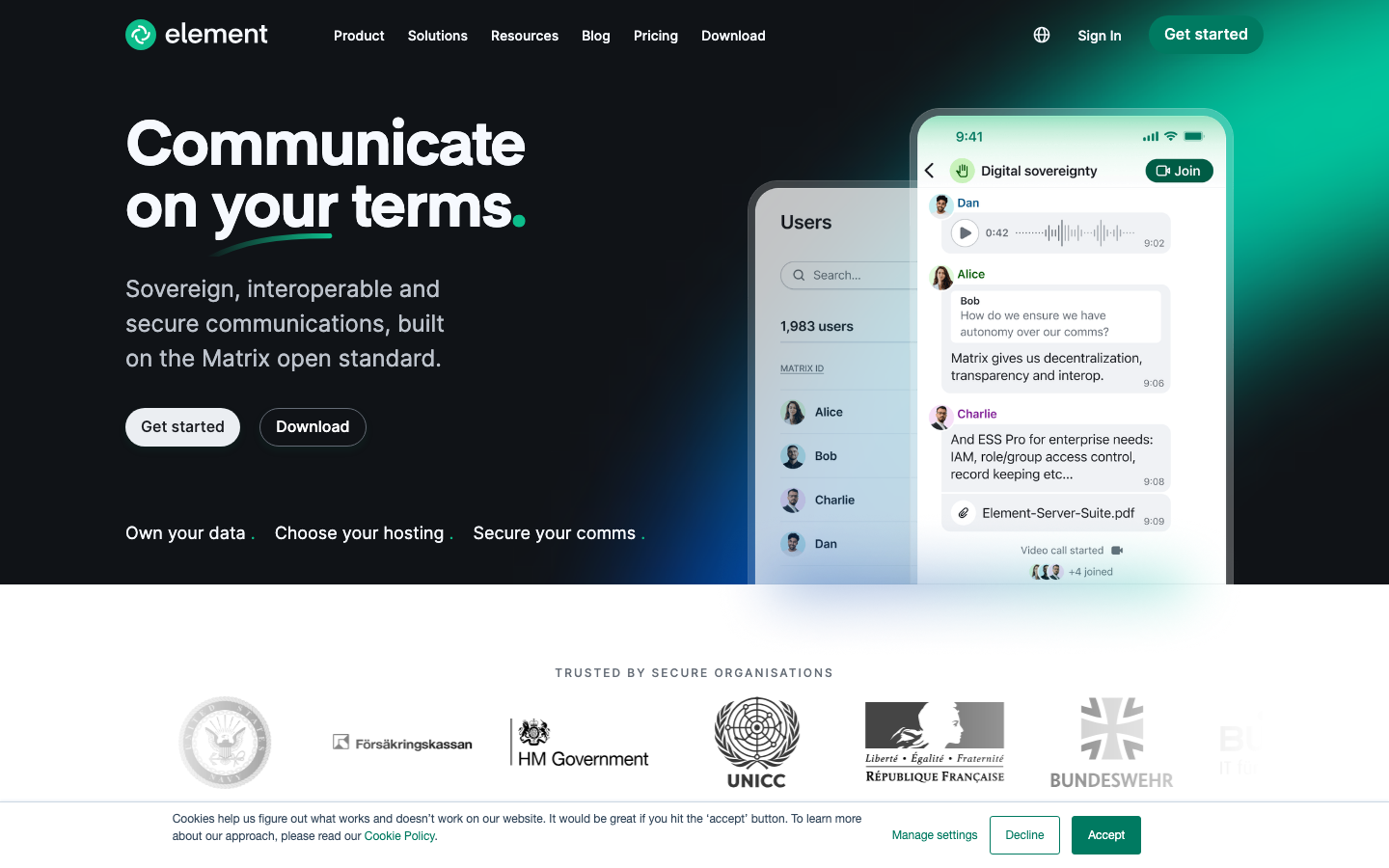 Element homepage showing sovereign Matrix-based secure communications with self-hosted and cloud deployment options