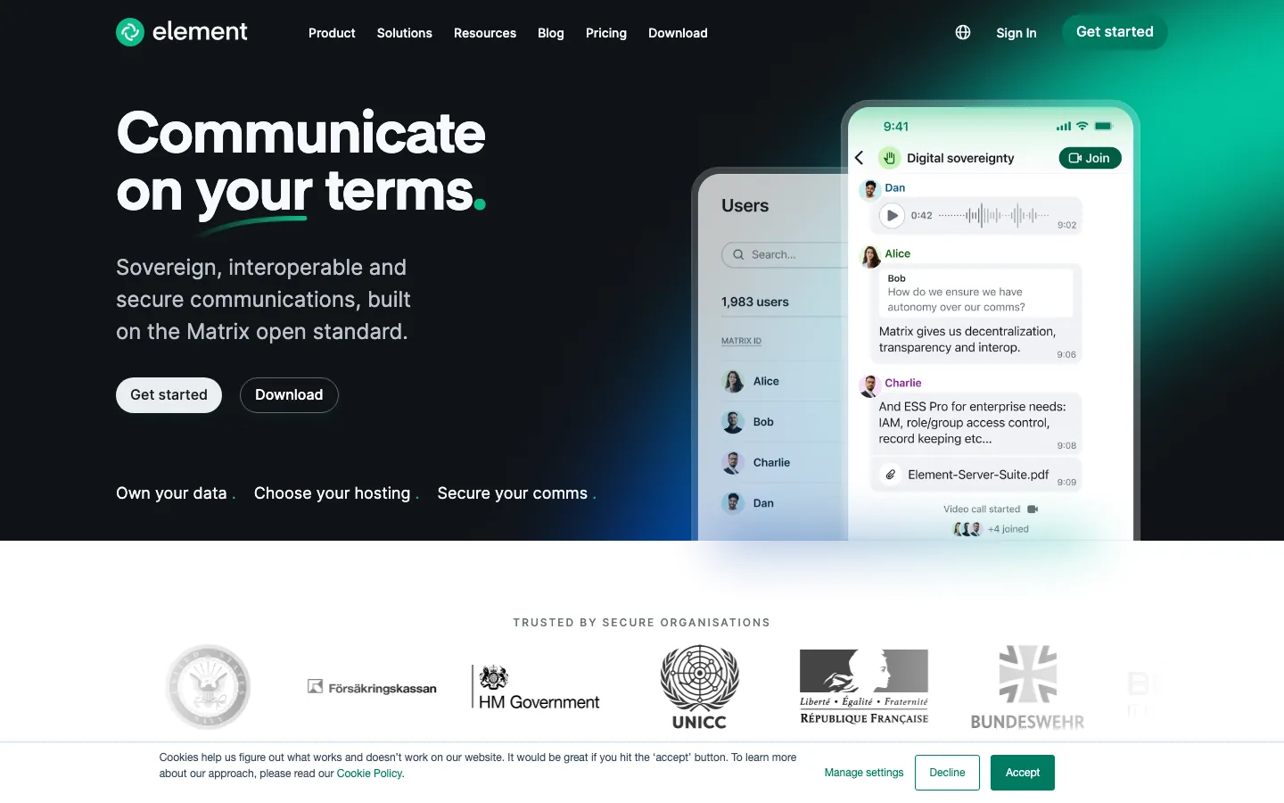 Element homepage showing sovereign Matrix-based secure communications with self-hosted and cloud deployment options