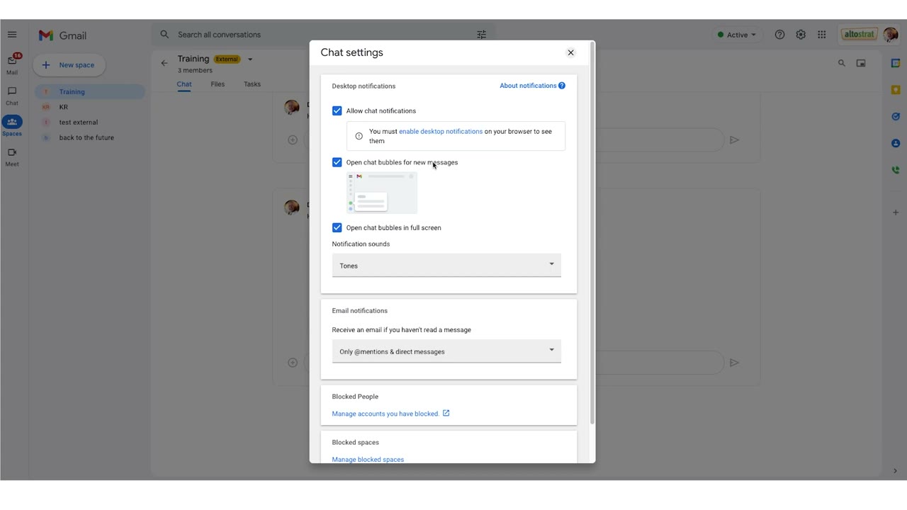 Google Chat Spaces list showing active team spaces with recent messages and member counts