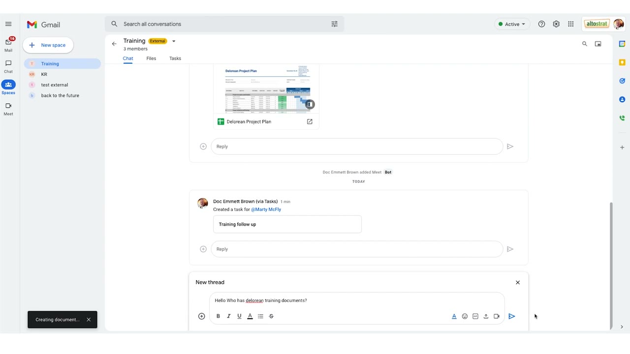 Google Chat panel open inside Gmail showing a threaded conversation alongside the inbox