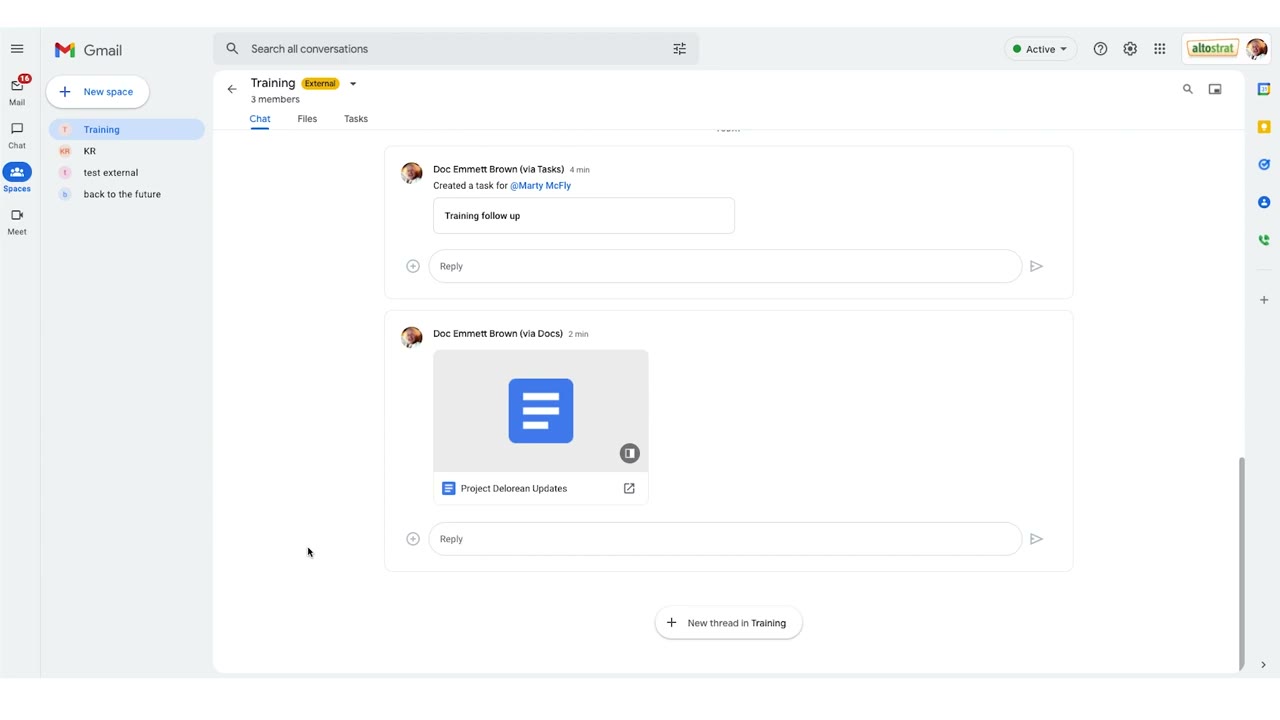 Google Chat message thread with Google Meet link and Drive file attachment shared inline