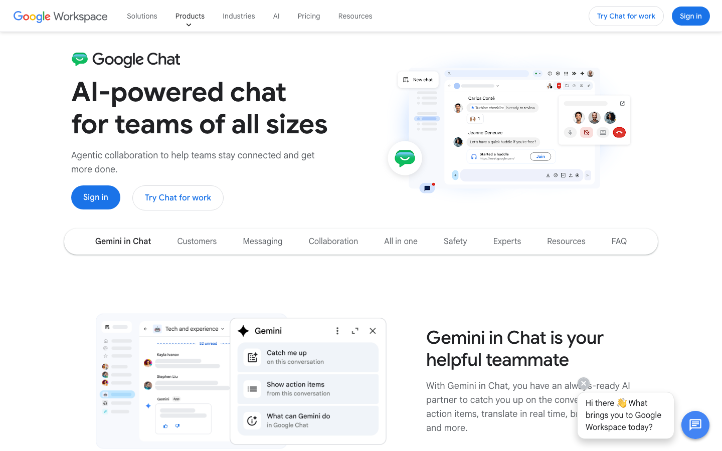 Google Chat product page showing messaging spaces and Gmail integration for Google Workspace teams