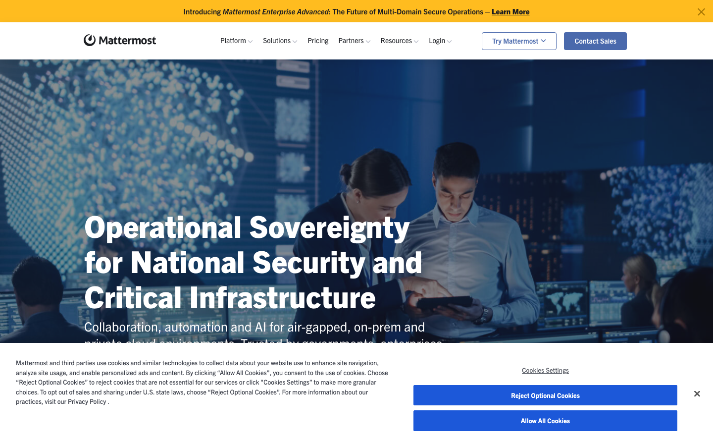 Mattermost homepage showing operational sovereignty and secure collaboration for enterprise and government teams