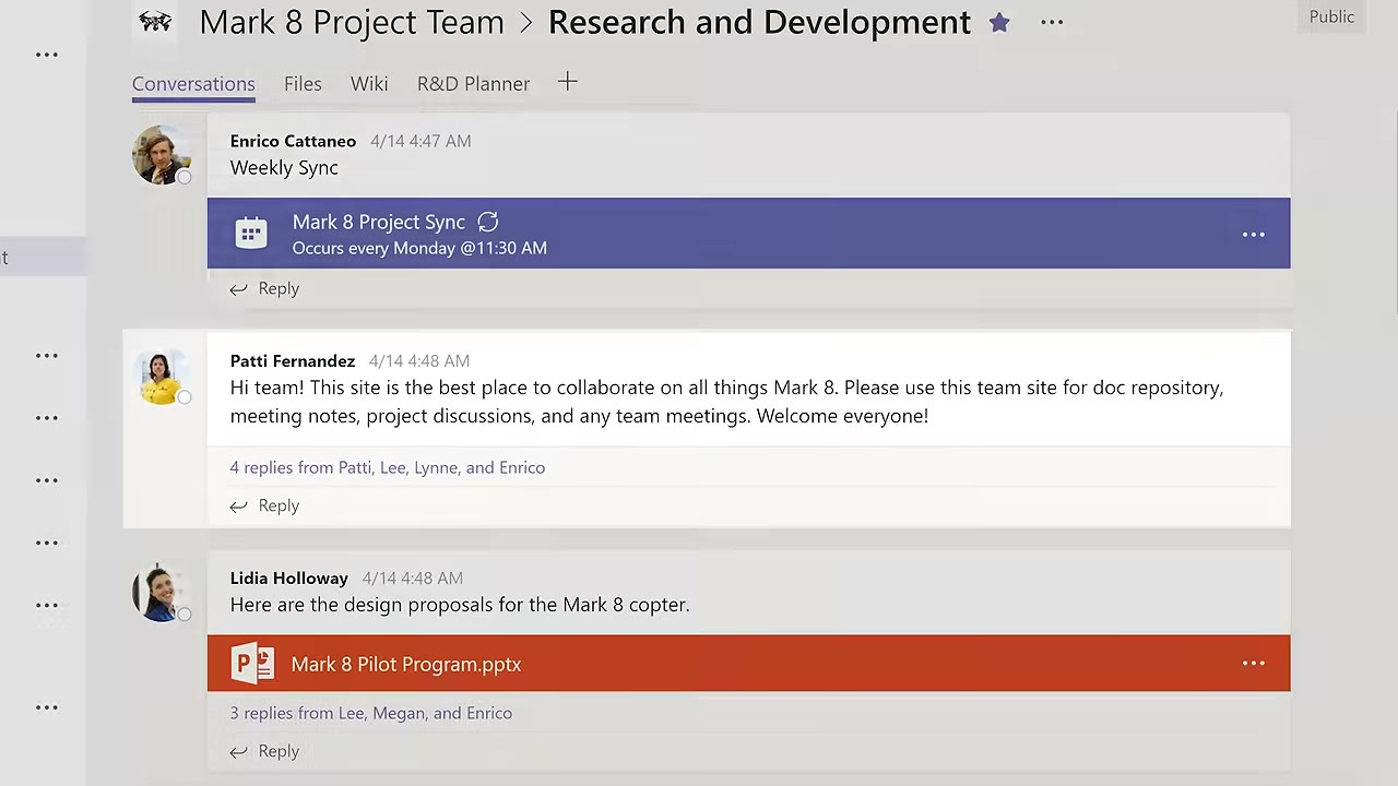 Microsoft Teams chat sidebar showing team channels, general and project threads with unread counts