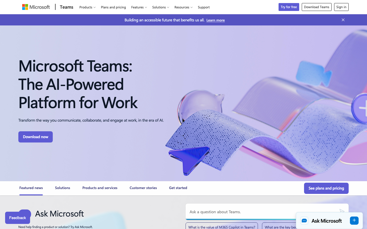 Microsoft Teams homepage showing group chat, video meetings, and collaboration features for business