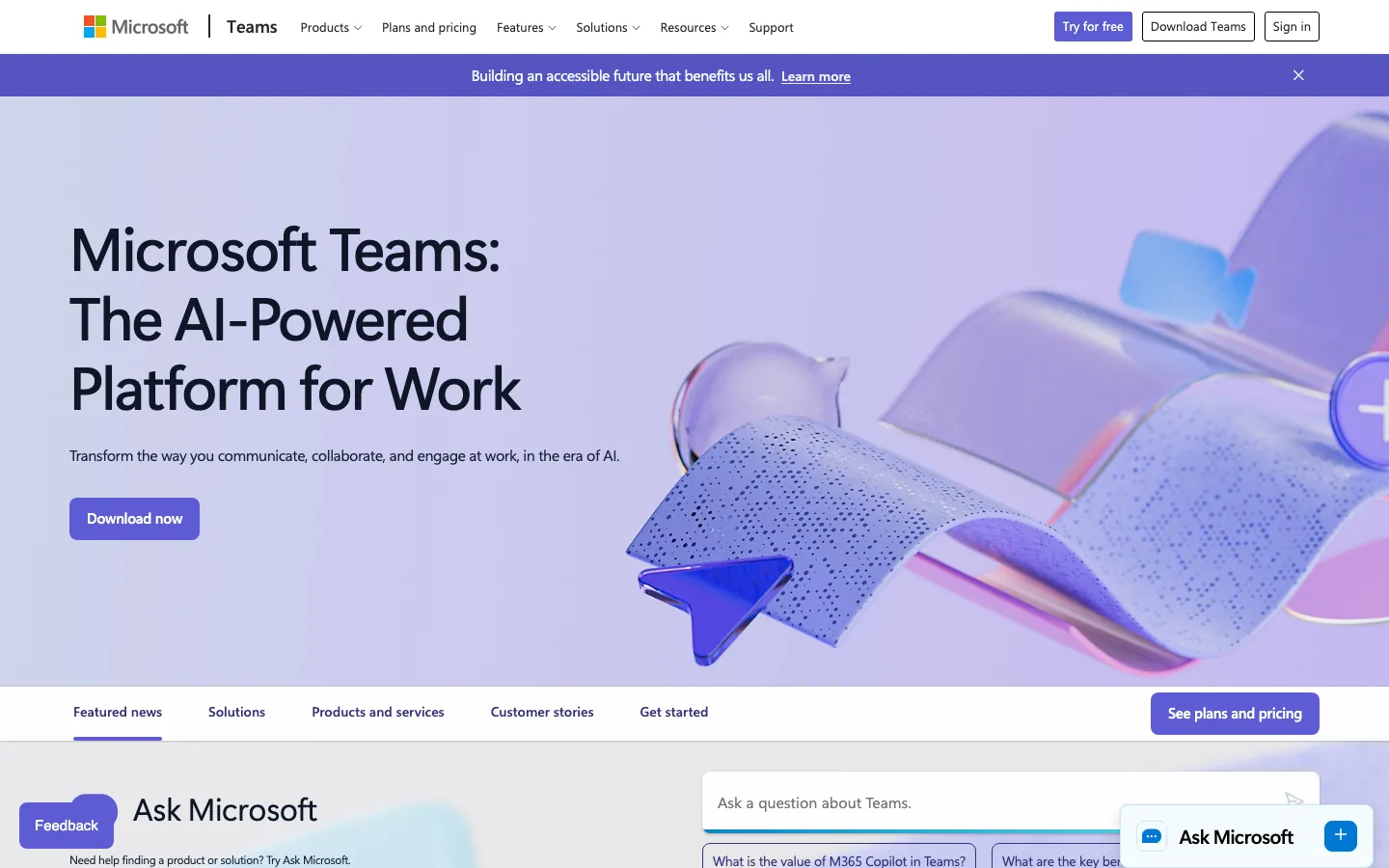 Microsoft Teams homepage showing group chat, video meetings, and collaboration features for business