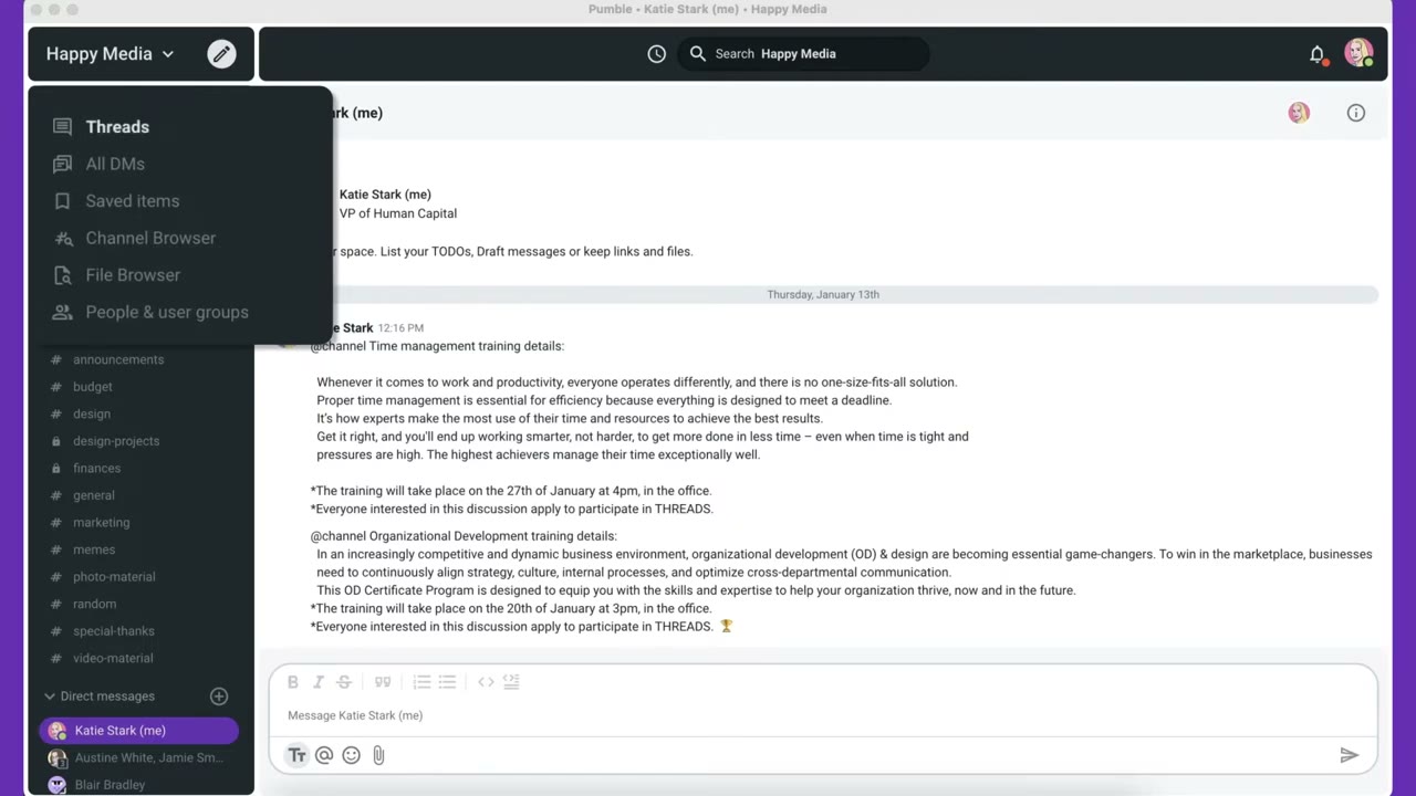 Pumble team channels list showing public and private channels with unread message counters