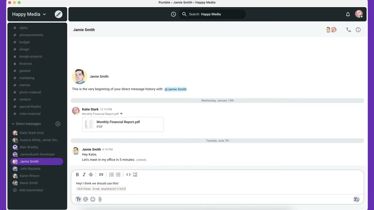Pumble direct message thread with file upload, mention, and emoji reaction features