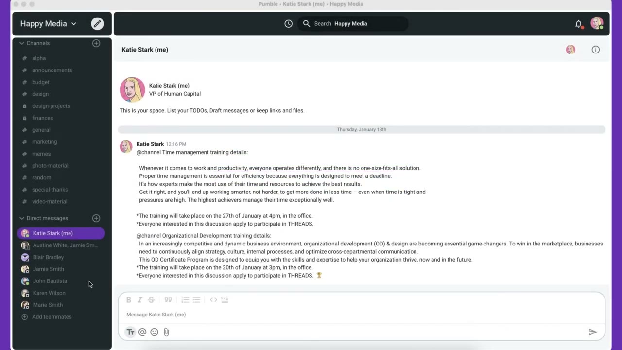 Pumble file storage tab showing shared documents, images, and videos organized by channel