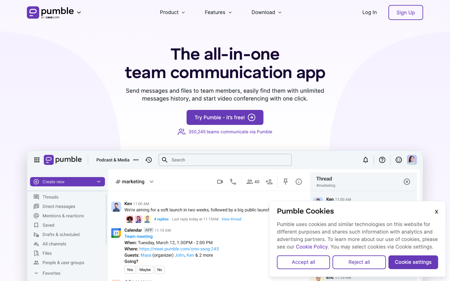 Pumble homepage showing all-in-one team communication with unlimited message history and channel-based chat
