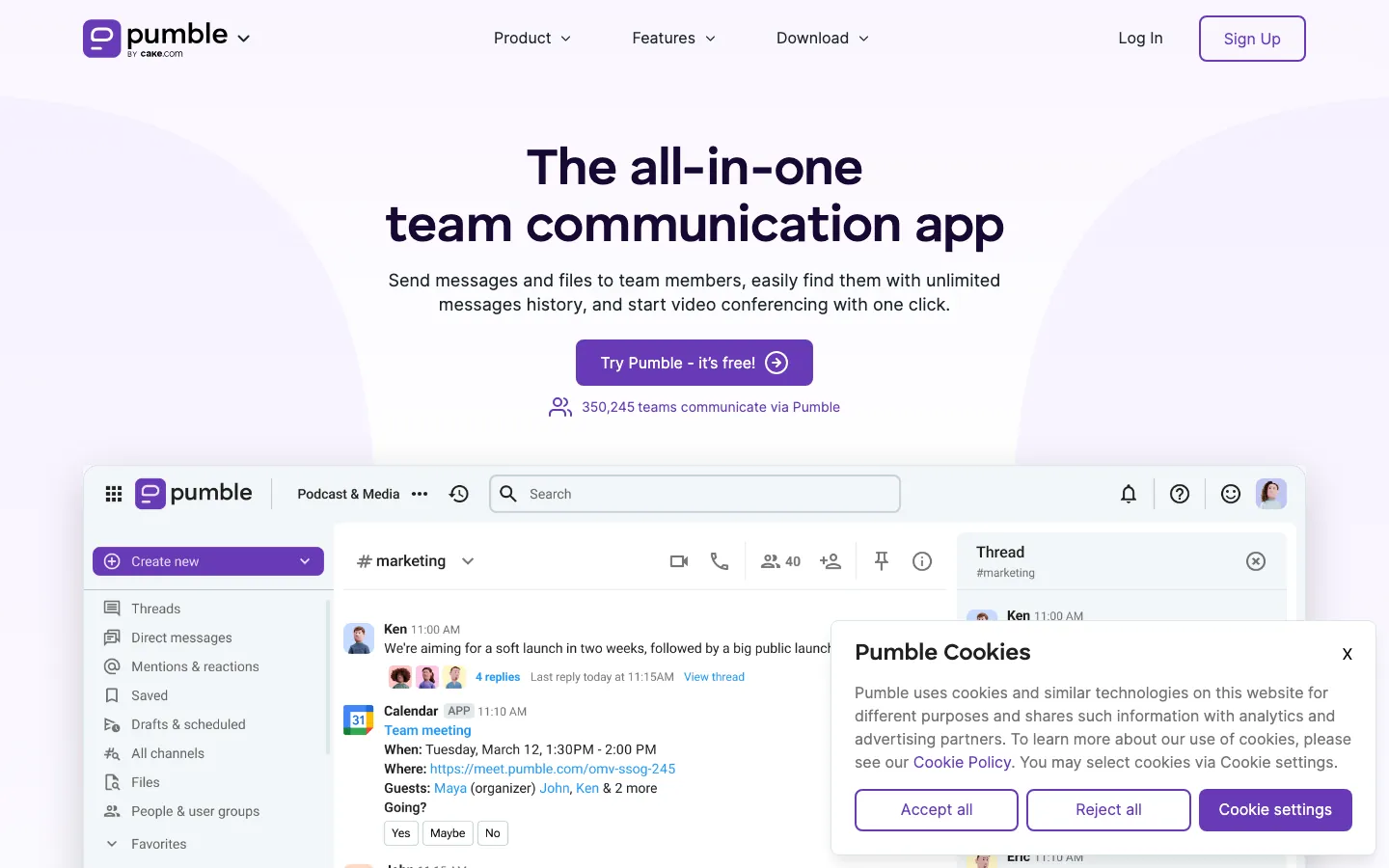 Pumble homepage showing all-in-one team communication with unlimited message history and channel-based chat