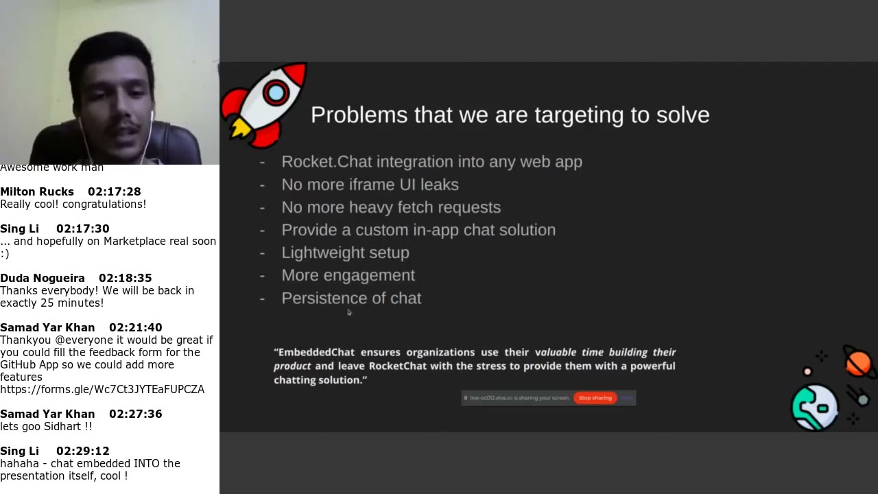 Rocket.Chat channel interface with sidebar, message thread, and emoji reactions on a team channel