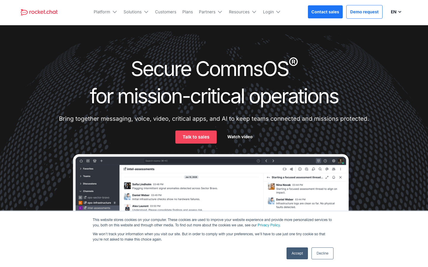 Rocket.Chat homepage showing secure open-source team communication with self-managed deployment options