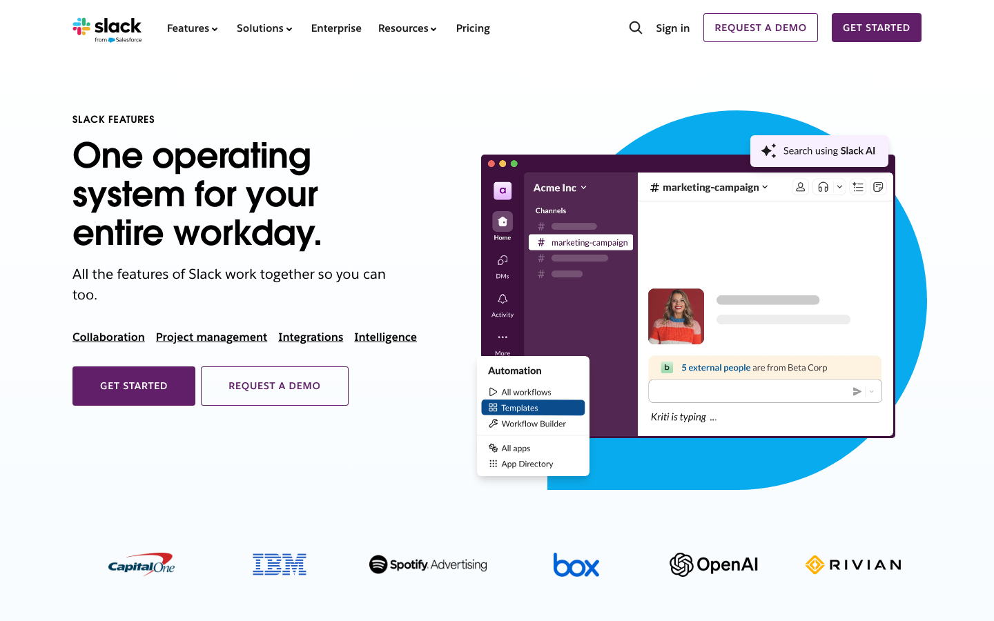 Slack features page showing the operating system for work with channel-based messaging and integrations