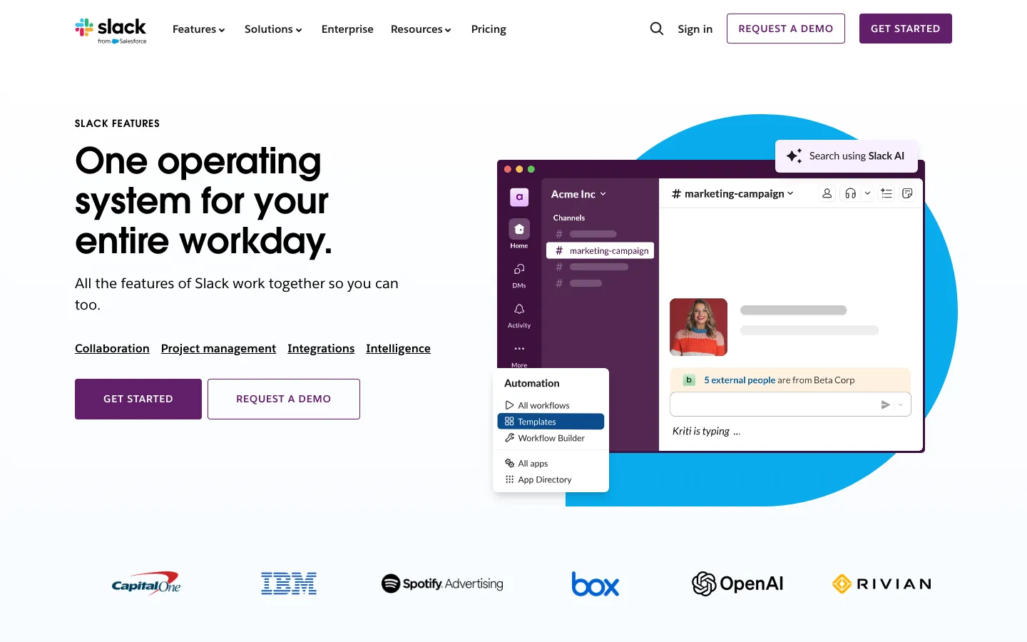 Slack features page showing the operating system for work with channel-based messaging and integrations