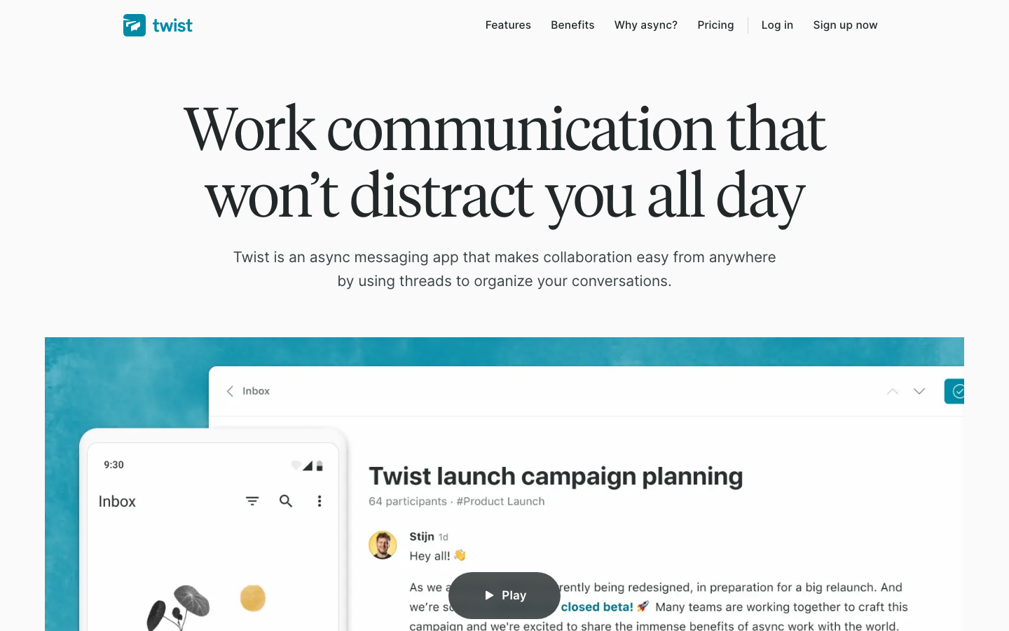 Twist homepage showing async-first threaded team communication designed for focused distributed work