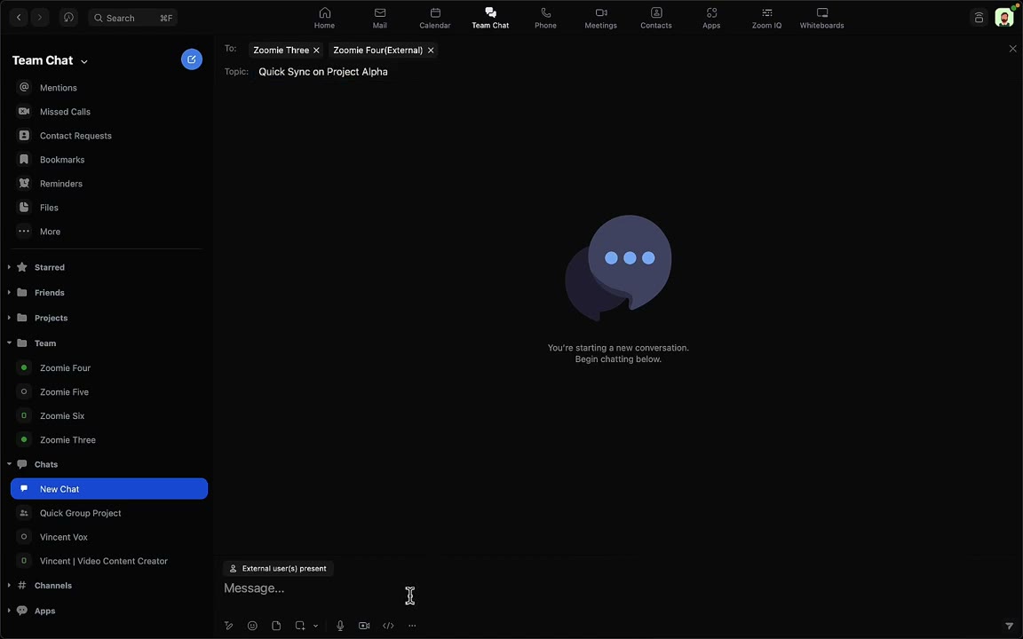 Zoom Team Chat showing an instant meeting link shared in a channel with one-click join