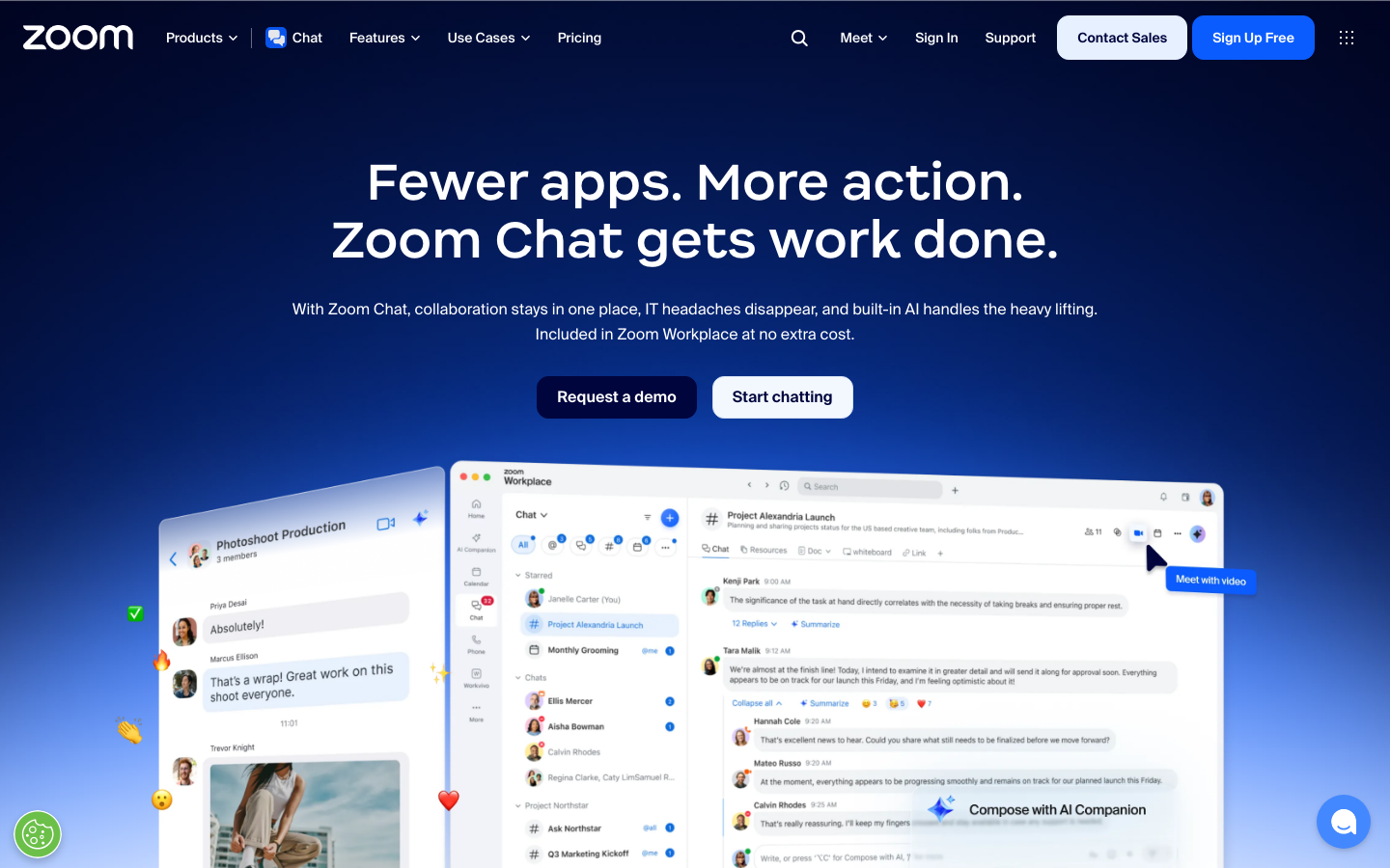 Zoom Team Chat product page showing persistent chat alongside video meetings in the Zoom Workplace platform