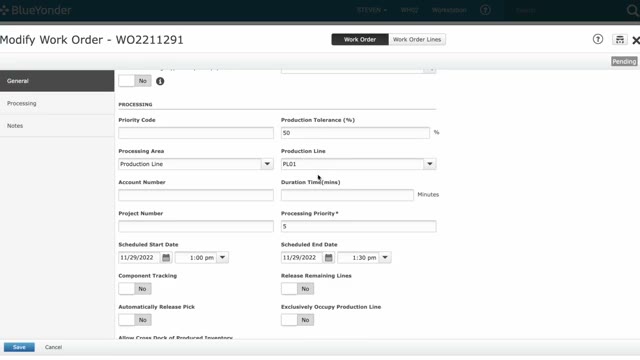 Blue Yonder Warehouse Management screen showing a production work order workflow