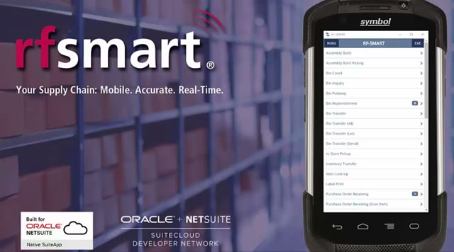 RF-SMART mobile scanning interface showing bin putaway for NetSuite